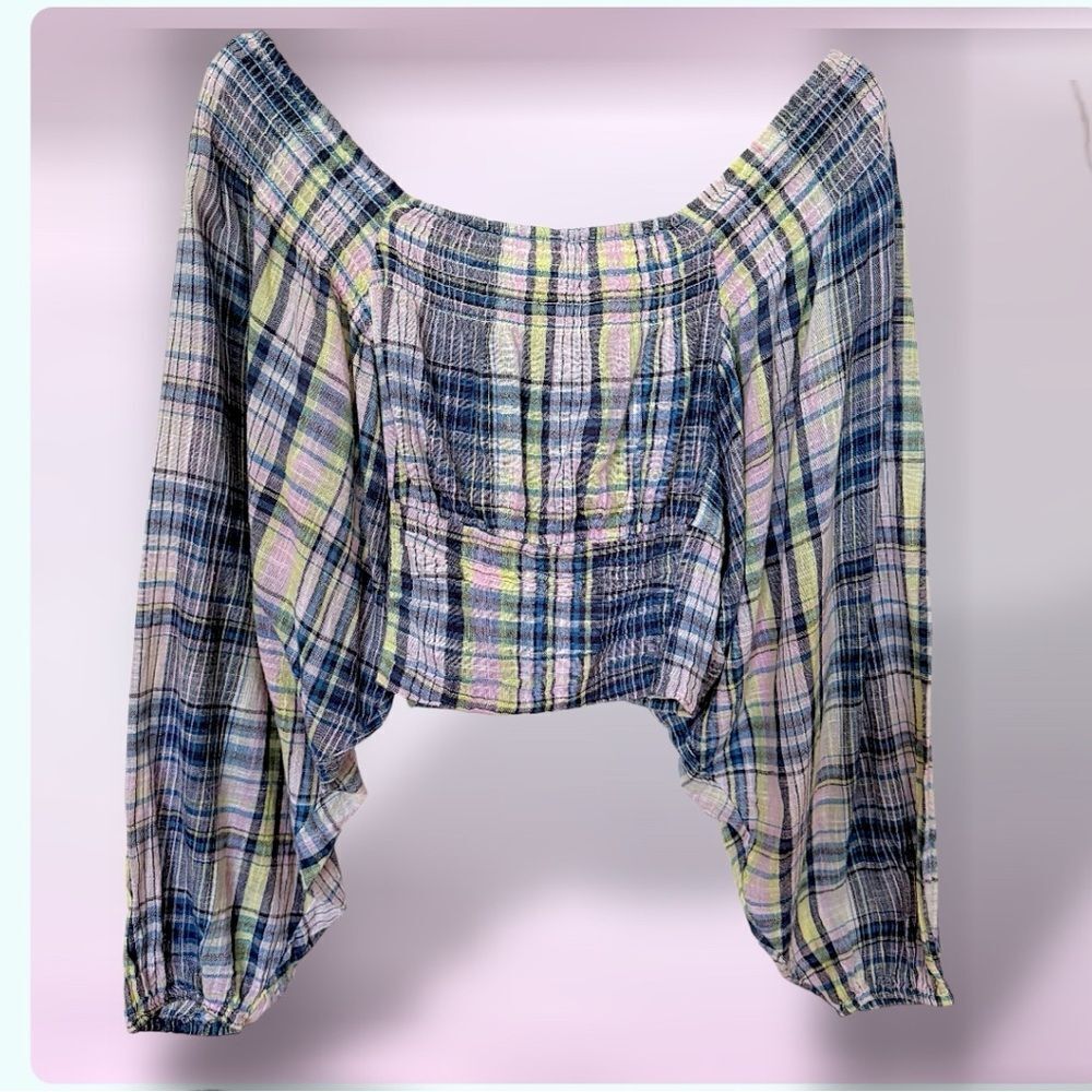 Free People Marlena Plaid Reversable Gauze Smocked Top NWOT Size S - Picture 3 of 16